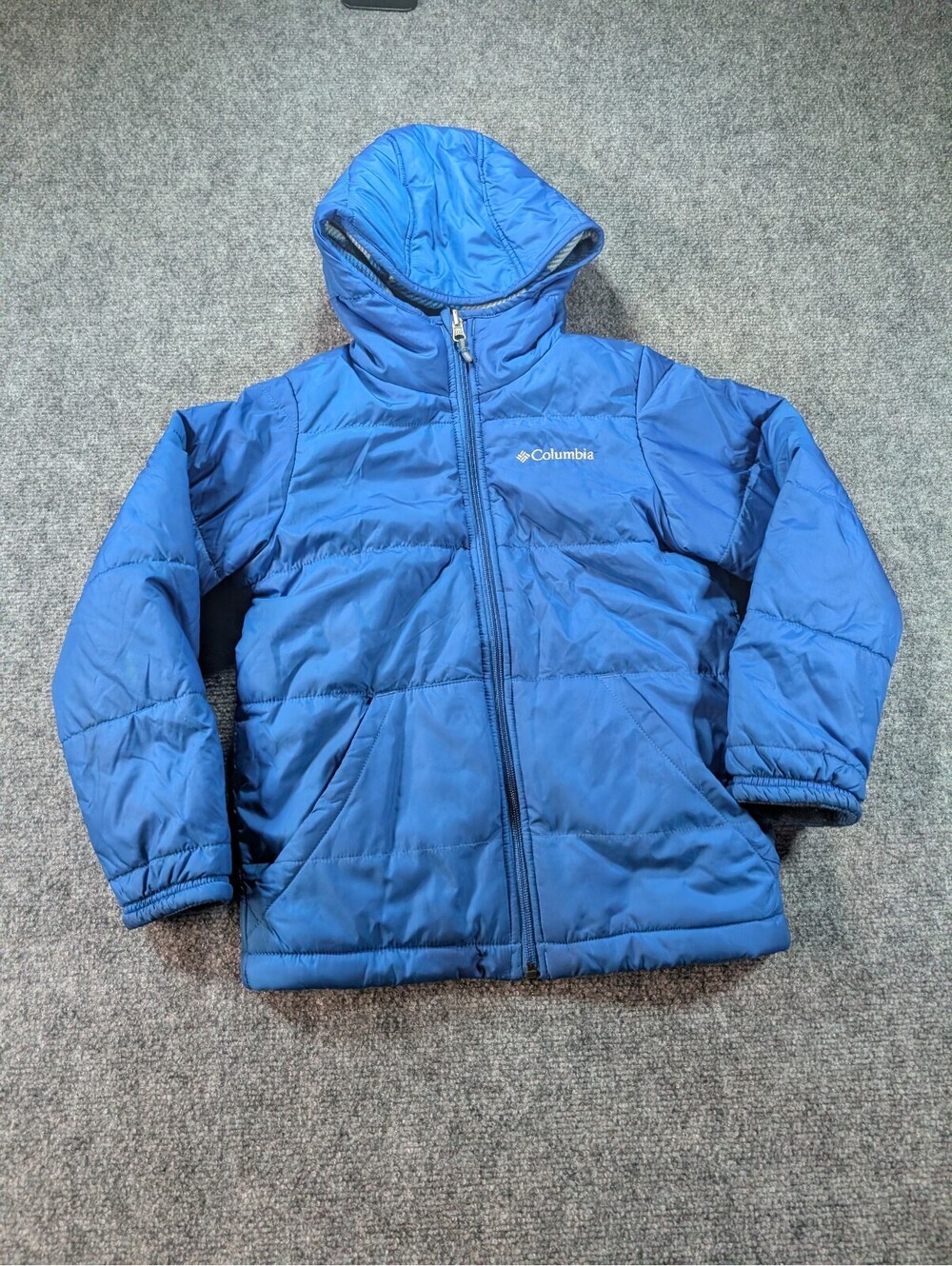 Columbia Reversible Blue Puffer Plaid Fleece Hooded Jacket Youth Small
